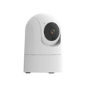 White indoor pan tilt security camera with lens on a circular base, showing 1080p and two-way voice labels.