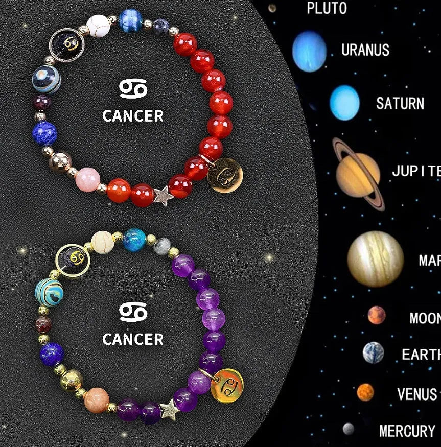 Two natural stone beaded bracelets for zodiac signs on a neutral background.