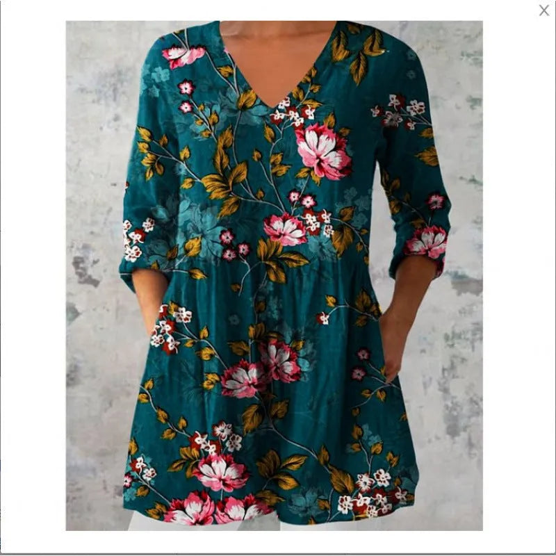 Women's printed wave pattern loose dress with 3/4 sleeves and wide waist design in polyester fabric