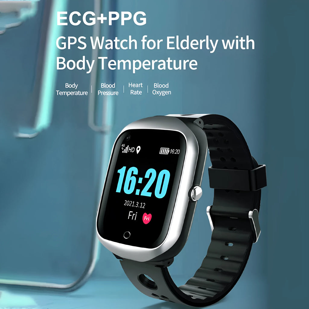 Square screen elderly phone watch with silicone strap in black, blue, or silver colour options