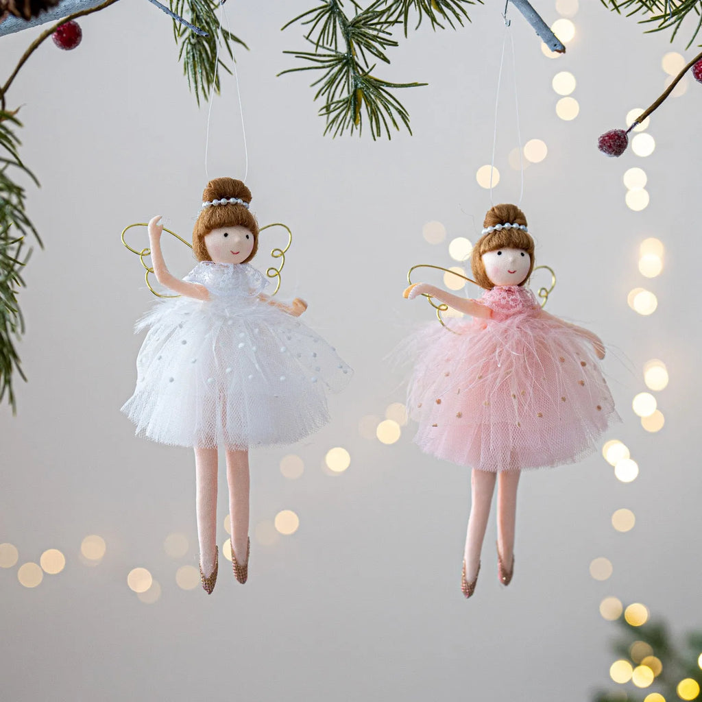 Pink and white cloth plush ballet girl angel doll pendant charm on a bag.