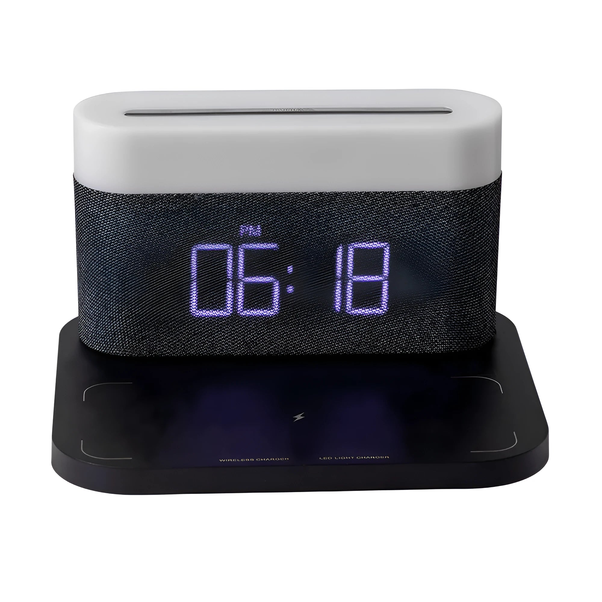 Black wireless charging desktop station with digital clock display and night light function