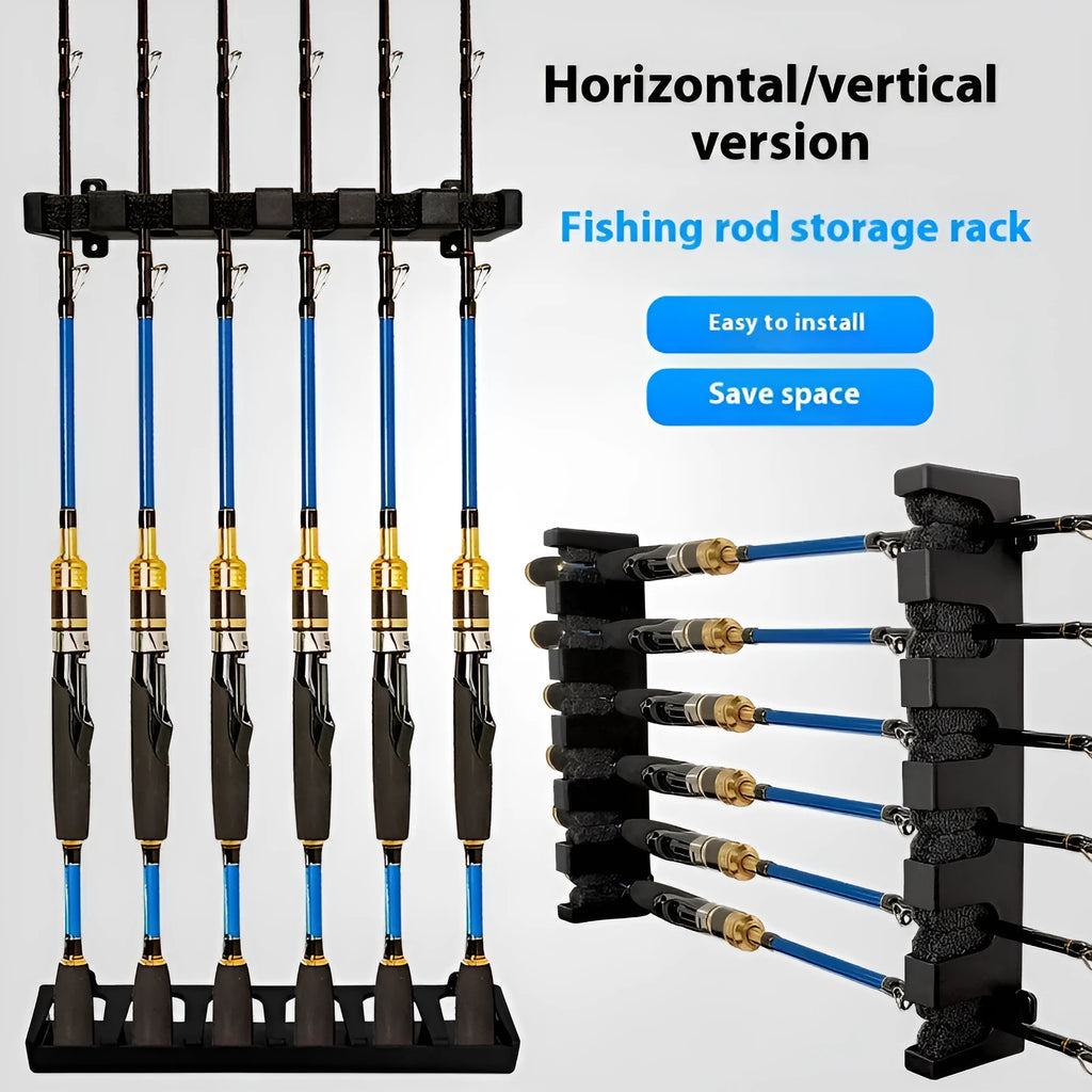Black ABS plastic wall-mounted fishing rod holder rack in horizontal and upright frame styles