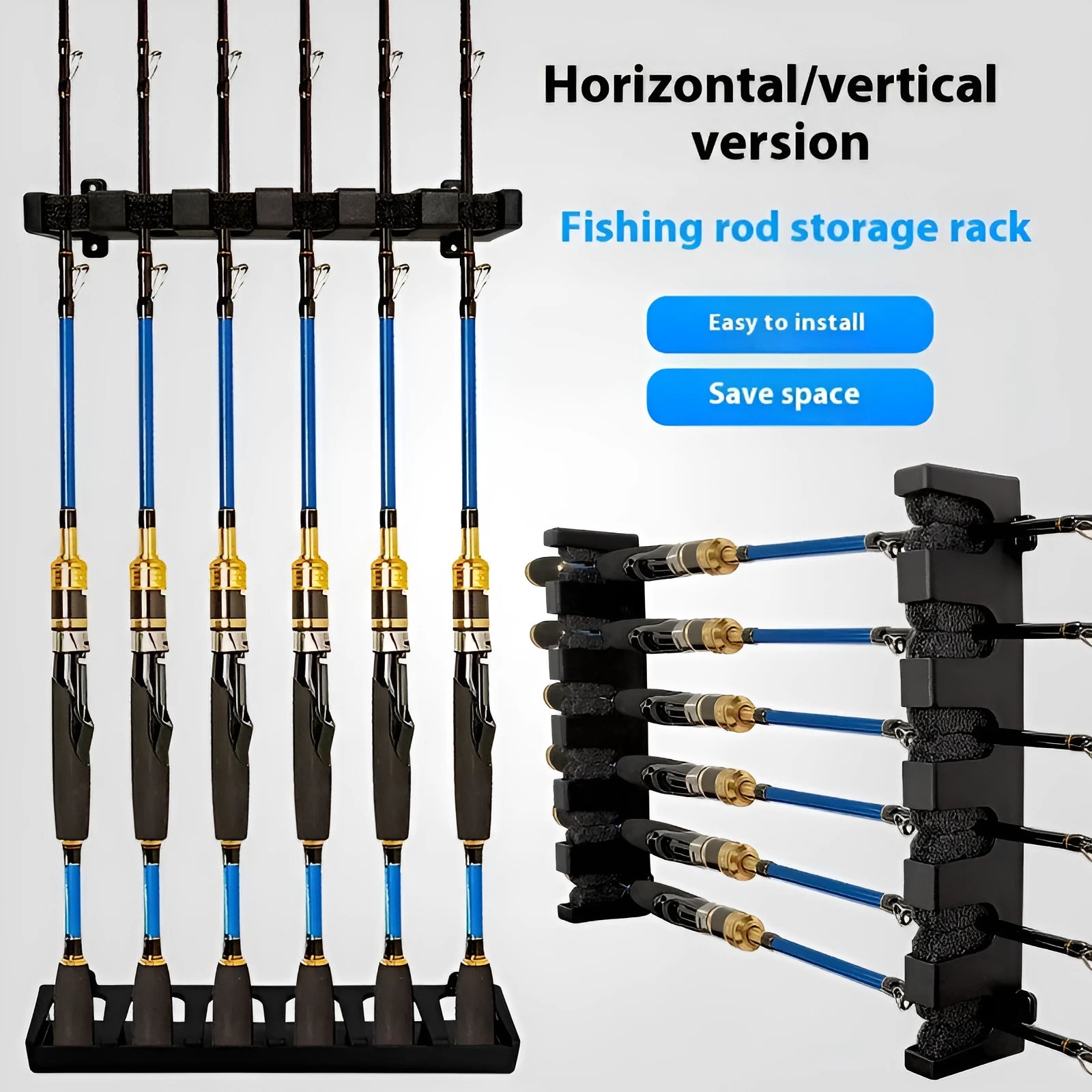 Black ABS plastic wall-mounted fishing rod holder rack in horizontal and upright frame styles