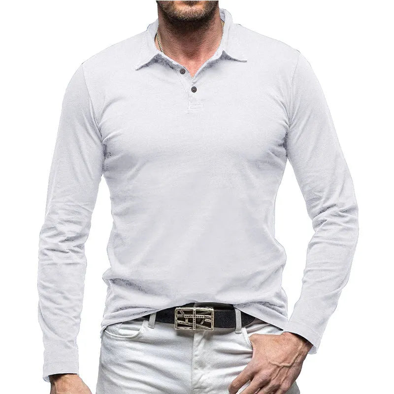 Men's dark gray cotton polo collar long sleeve t-shirt in American Retro style