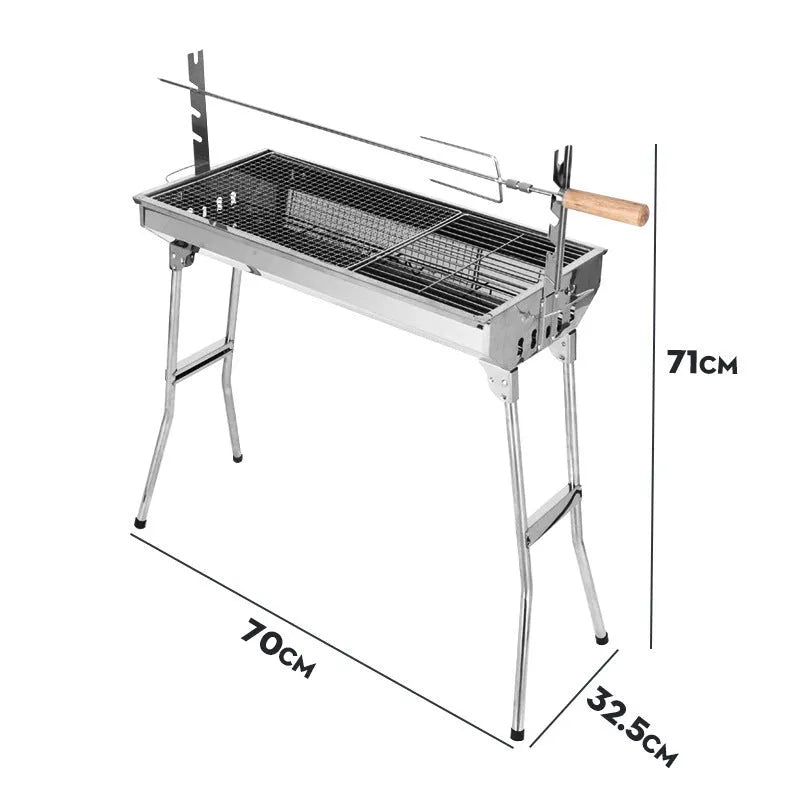 Large stainless steel flip-over barbecue oven with iron grills and charcoal trays for outdoor cooking