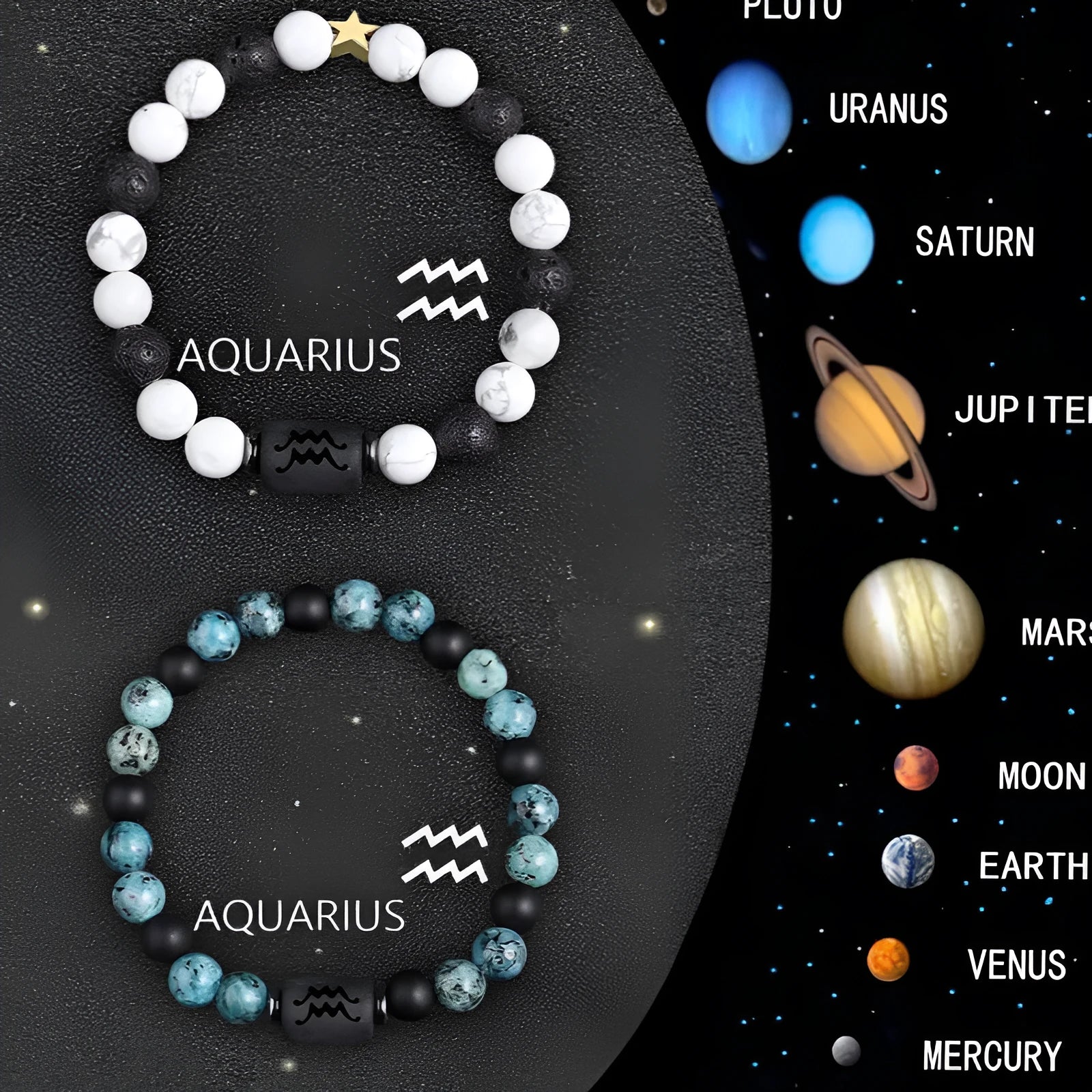 Set of twelve natural stone beaded bracelets, each with a zodiac sign charm, on a white background.