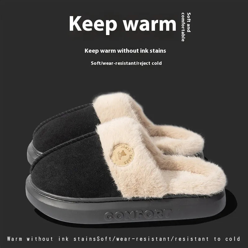 Plush fleece indoor slippers with thick PVC soles in various colours