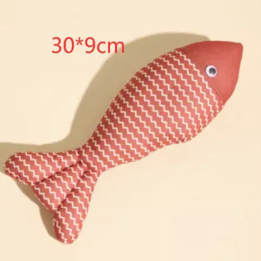 Catnip fish toy in blue, red, or yellow with measured dimensions for feline play