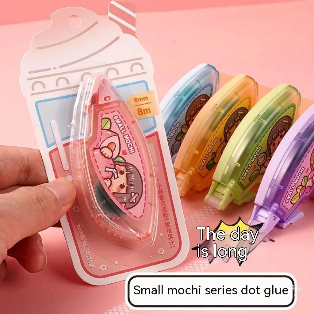 Dotting glue in plastic container with juice colours: peach, lemon, blueberry, butter, grape on cute card.