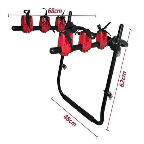 Black and red car trunk mounted bicycle rack holder with iron frame measuring 73x50cm