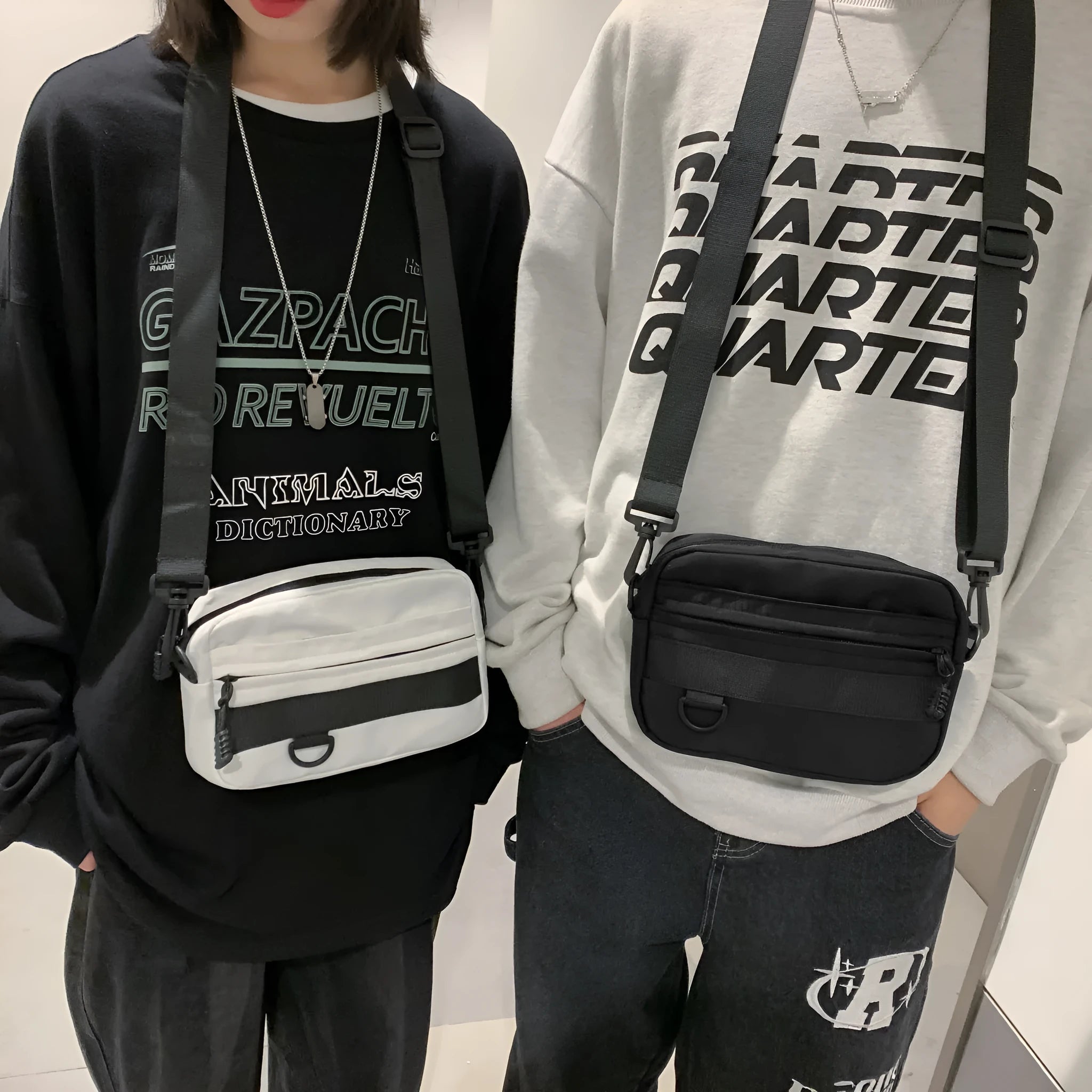 Men's nylon messenger bag with crossbody strap in street trend style showing sewing thread detailing