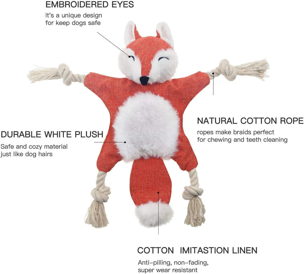 Brown fox-shaped dog toy with squeaker in head, crinkle paper body, and rope arms and legs