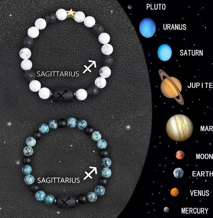 Set of twelve natural stone beaded bracelets, each with a zodiac sign charm, on a white background.