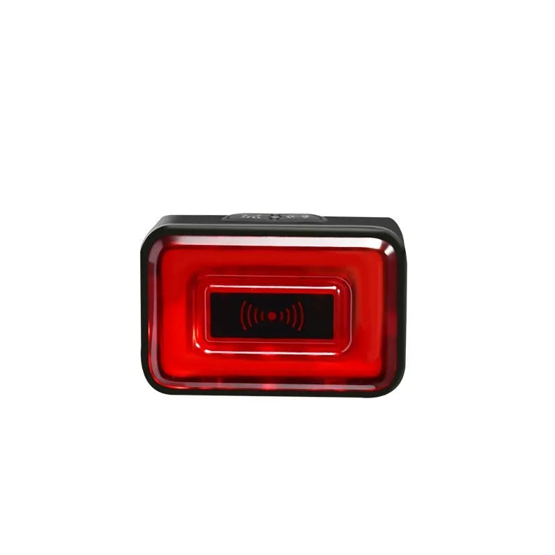 Smart millimetre wave bicycle radar taillight with double bracket mount showing dimensions and lighting modes