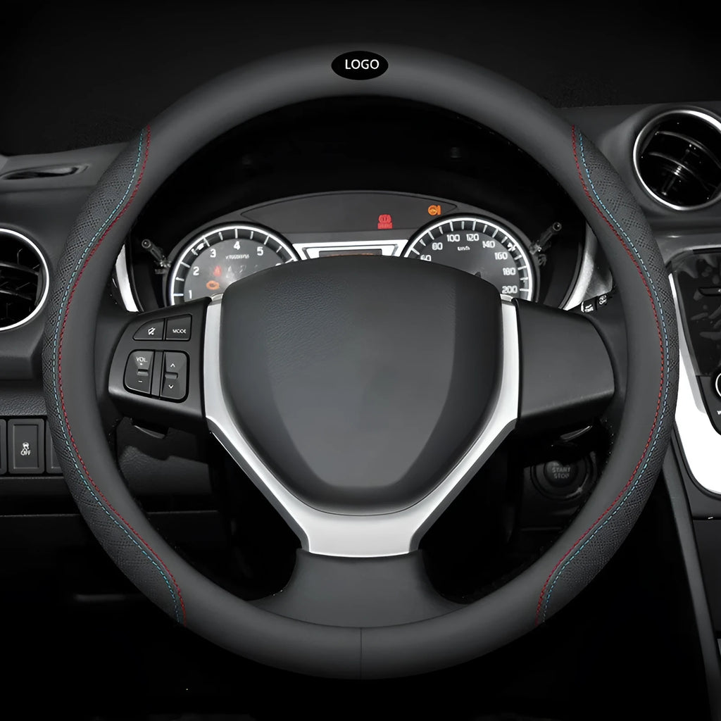 Black two-colour line universal leather steering wheel cover for Suzuki cars with a 38cm diameter