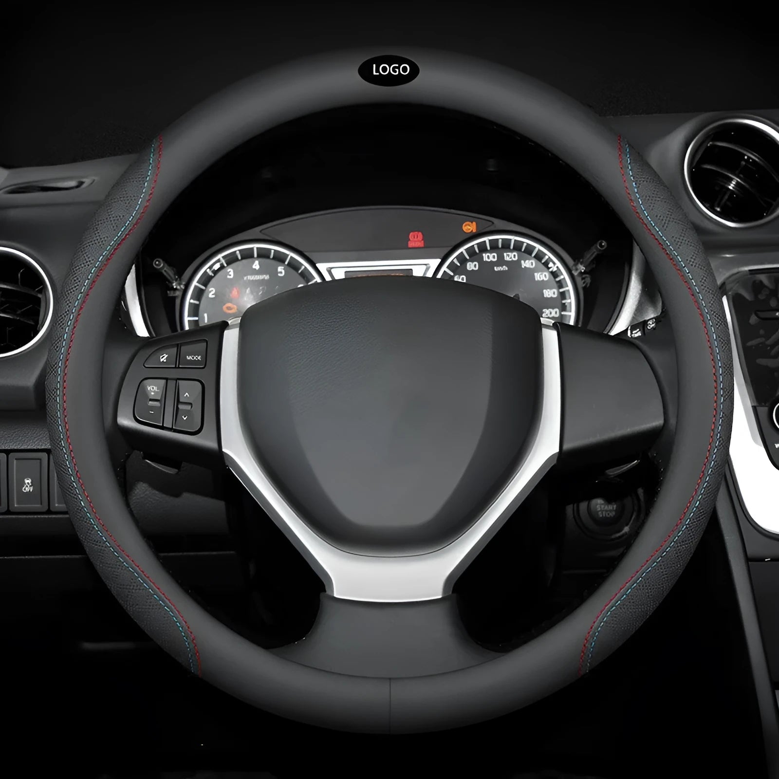 Black two-colour line universal leather steering wheel cover for Suzuki cars with a 38cm diameter