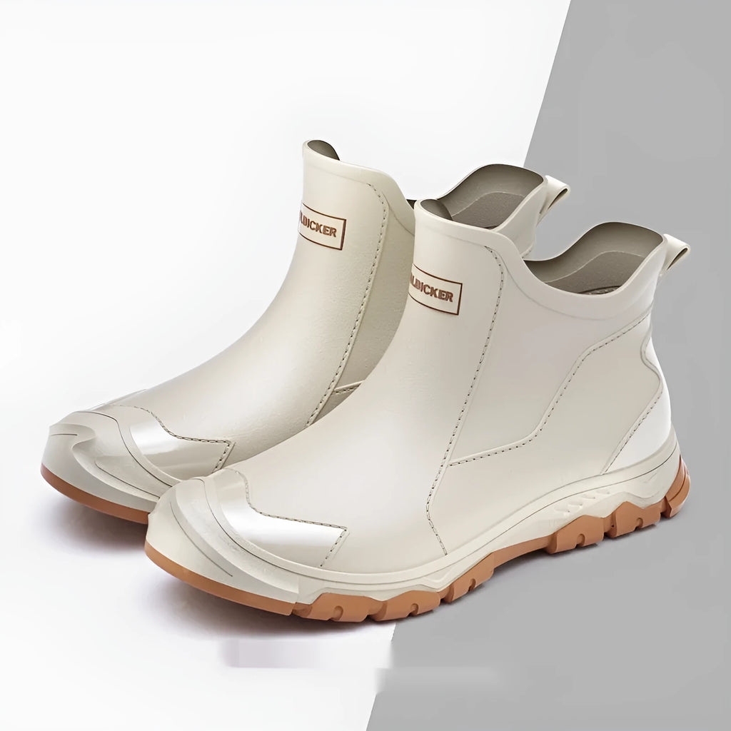 Korean style women's short tube PVC rain boots in black and red colour with round toe design
