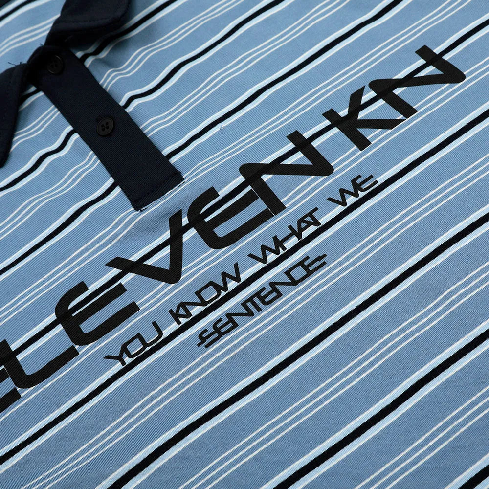 Blue stripe vintage cotton polo shirt with short sleeves and loose fit on hanger