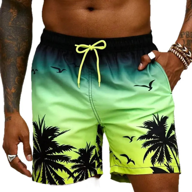 Men's loose board swimming trunks in polyester fiber with ethnic style pattern available in multiple colours