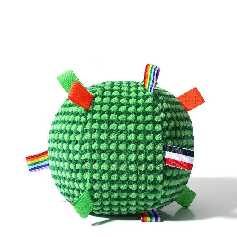 Blue and yellow two-tone pineapple lattice texture dog ball ring toy on white background