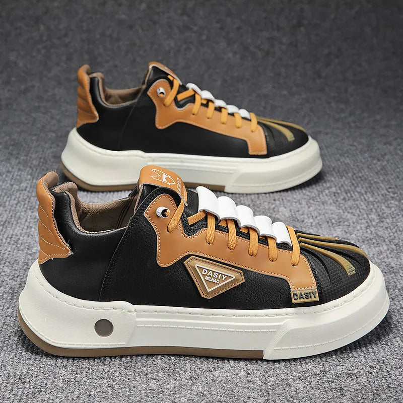 Men's beige and black casual sneakers with elastic band fastening and round toe design