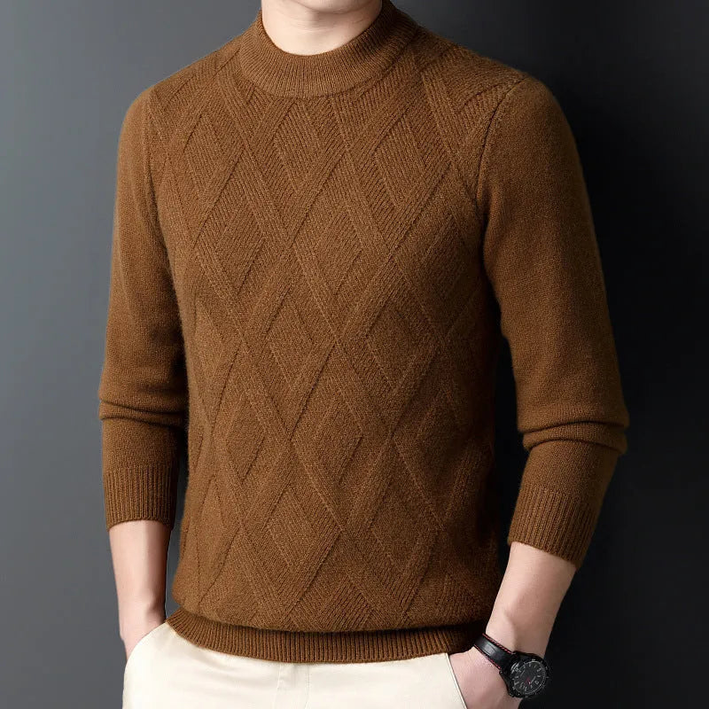 Men's thick winter wool blend pullover sweater with diamond jacquard pattern in a plus size fit.