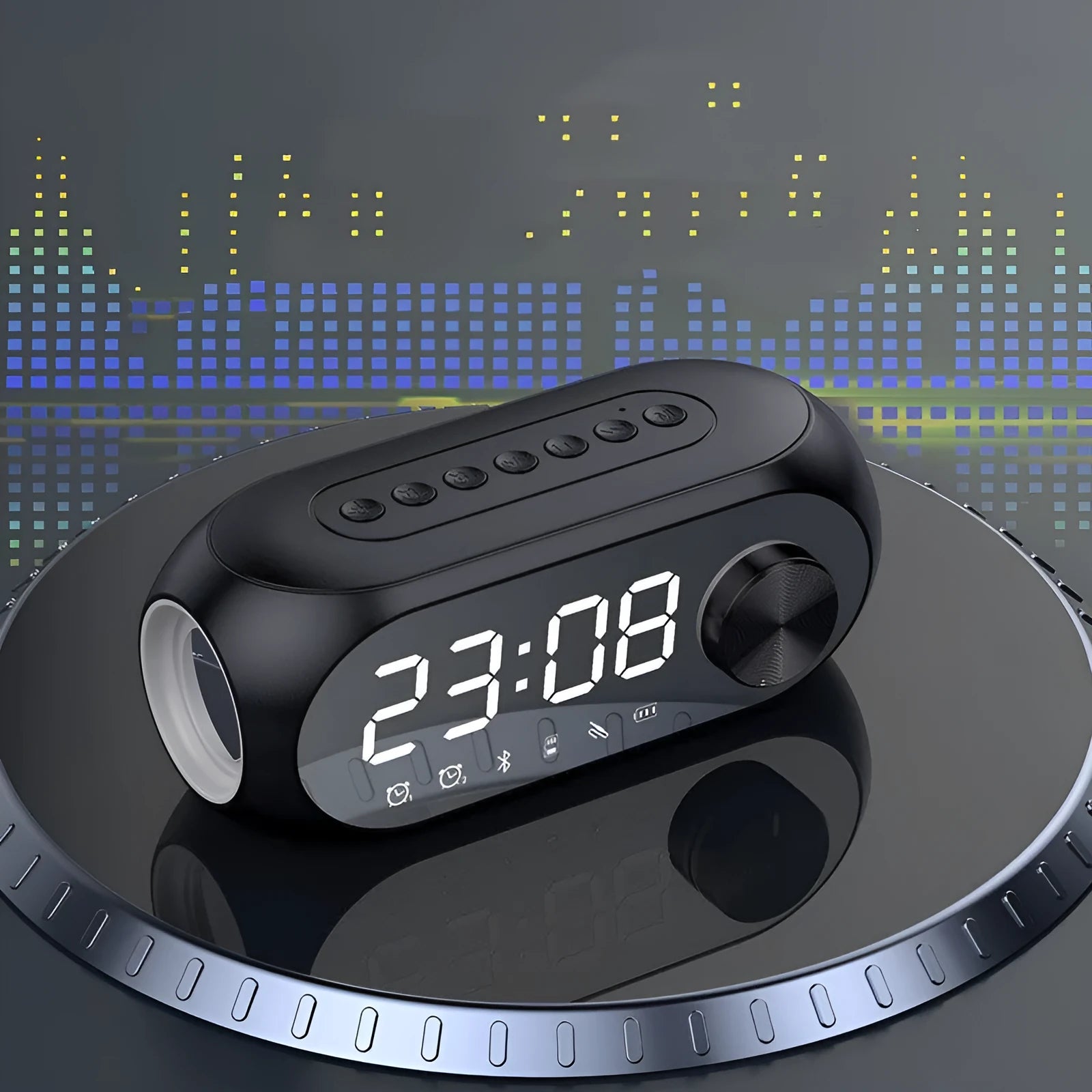 S8 portable USB clock radio with extra bass speakers in black, white or blue colours