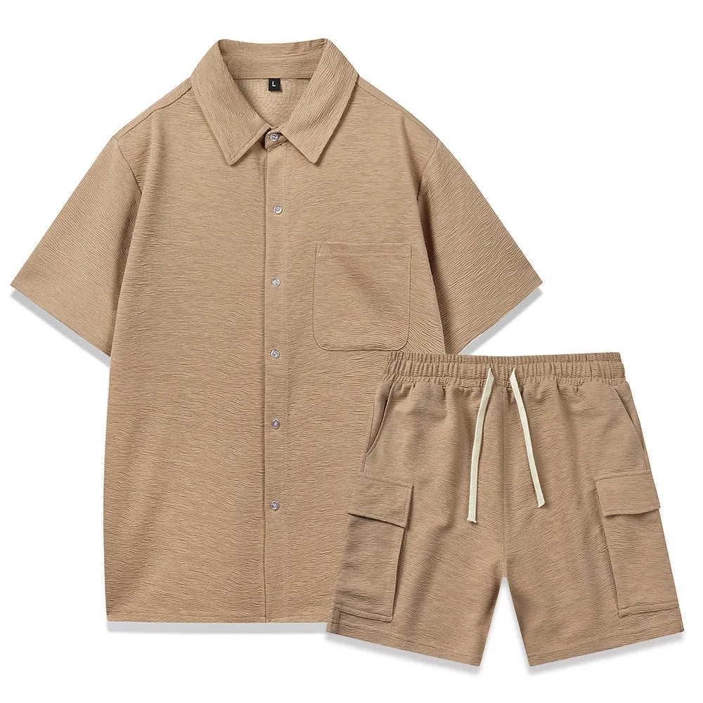 Women's beige elastic waist shorts and short sleeve top two-piece casual set laid flat.