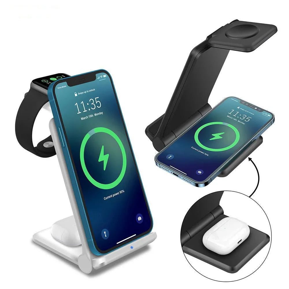 White 3-in-1 wireless charging station holding an iPhone, Apple Watch, and AirPods case.