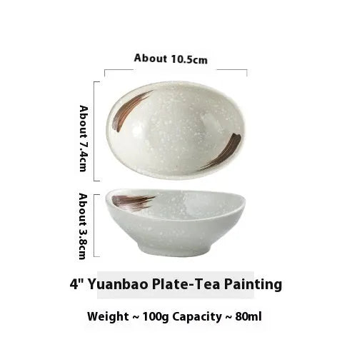 Oval Japanese ceramic sauce dipping bowl with underglaze finish in decorative pattern