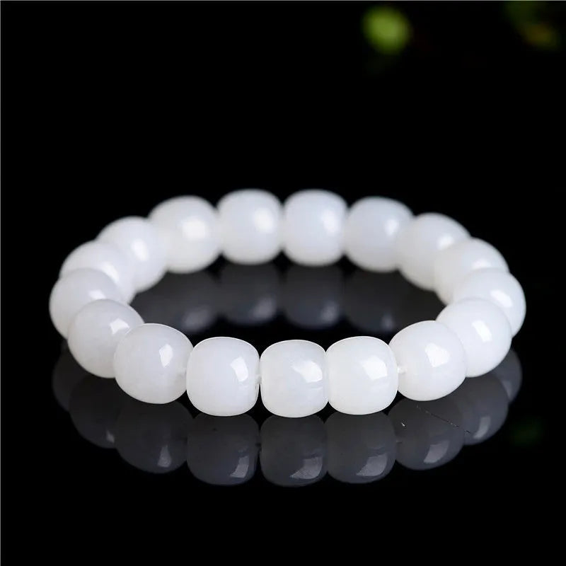 White Hetian jade barrel bead bracelet showing three size options: 5x6mm, 7x8mm, and 8x10mm beads.