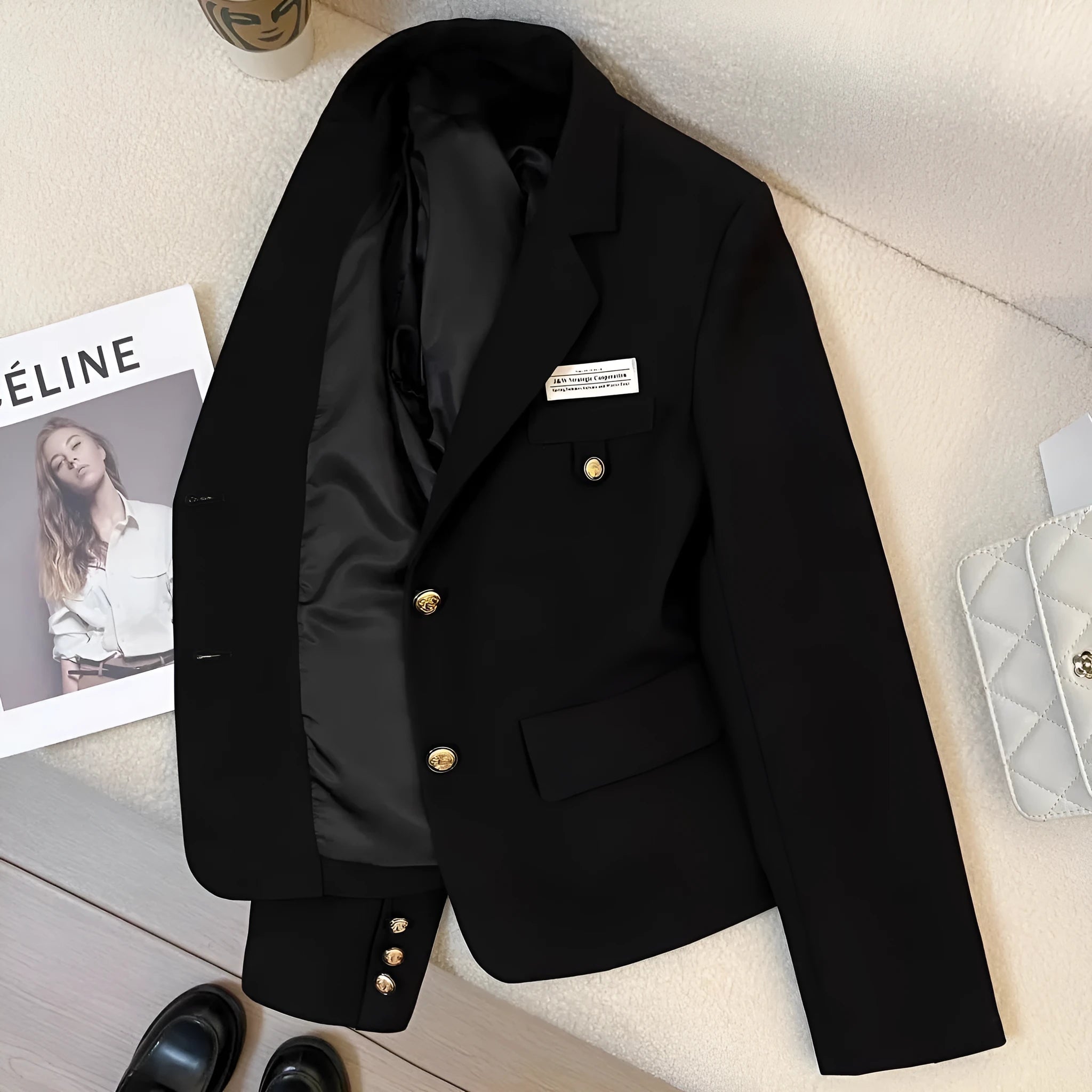 Women's black loose-fit short suit coat with long sleeves and pocket details.