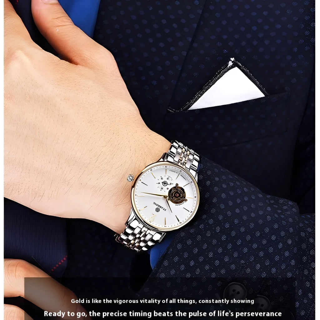 Men's automatic mechanical business watch with stainless steel case and brown leather strap