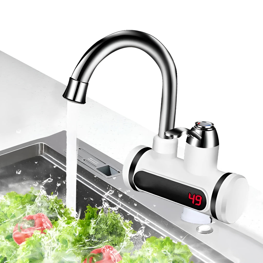 White kitchen electric water heater tap with digital temperature display for instant hot water