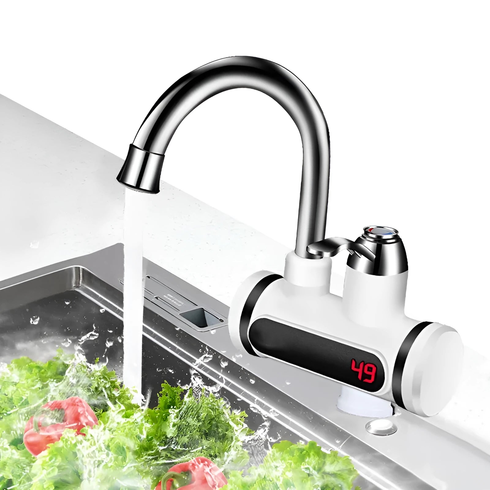 White kitchen electric water heater tap with digital temperature display for instant hot water