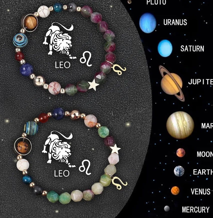 Set of two natural stone beaded bracelets on a wrist, each representing a different zodiac sign style.