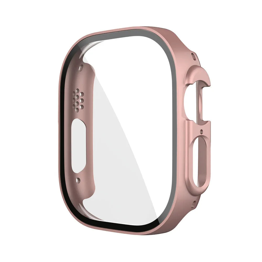 PC tempered film replacement case for Apple Watch in various colours and sizes on display.