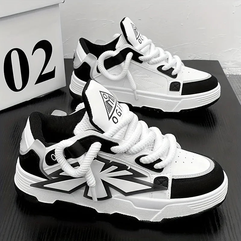 Men's white thick-bottom clunky sneakers with a round toe and lace-up front.