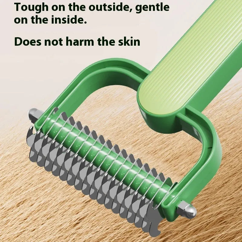 Dog grooming comb with stainless steel teeth and PP plastic handle in green or grey colour