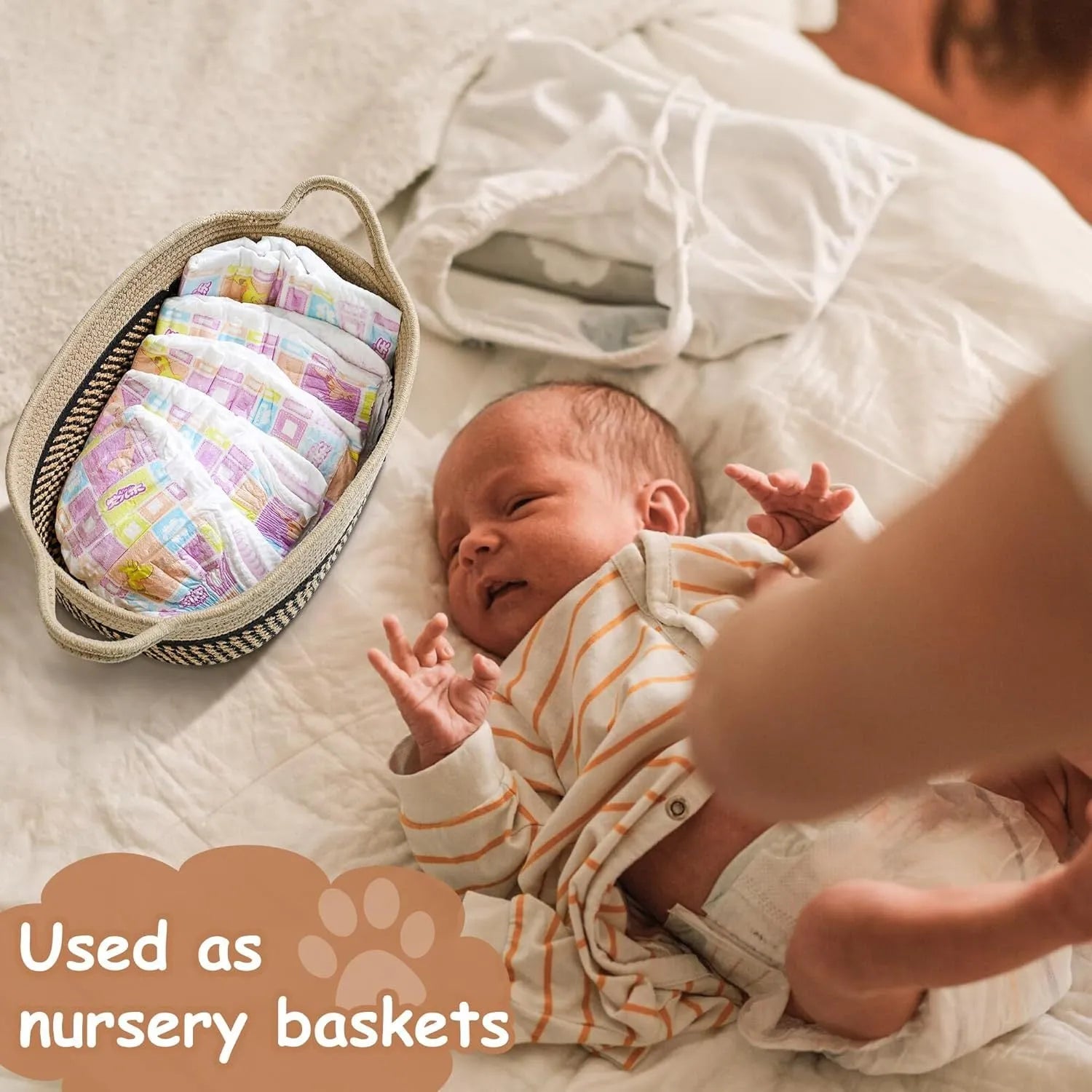 Small light beige handwoven cotton rope storage basket with a wooden handle.