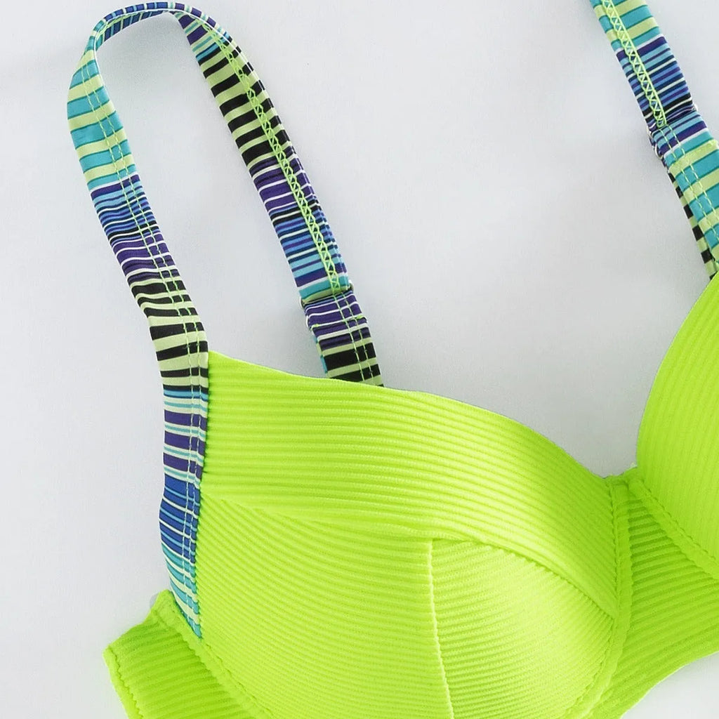 Green printed halter bikini set with split-style briefs for women