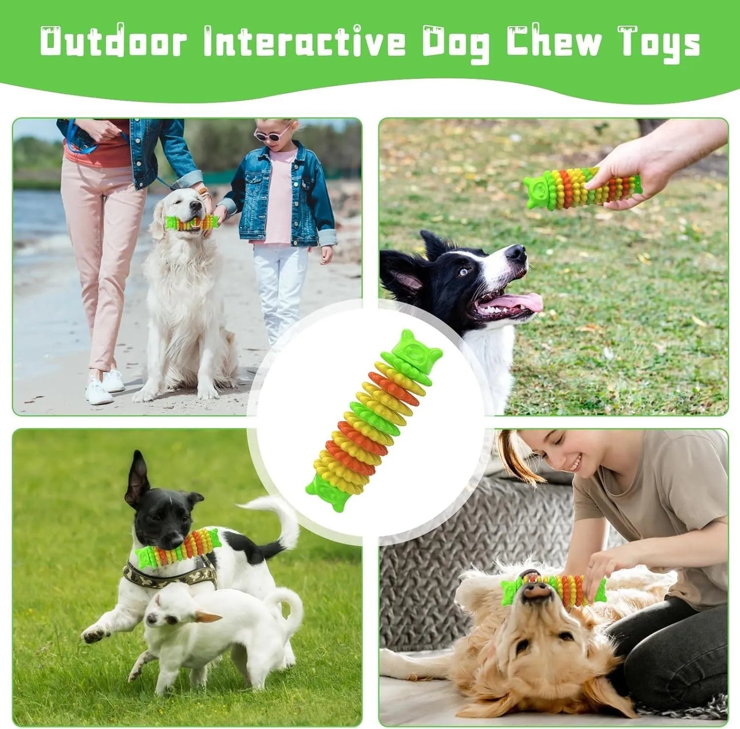 Blue rubber caterpillar-shaped dog chew toy for aggressive chewers on a plain background