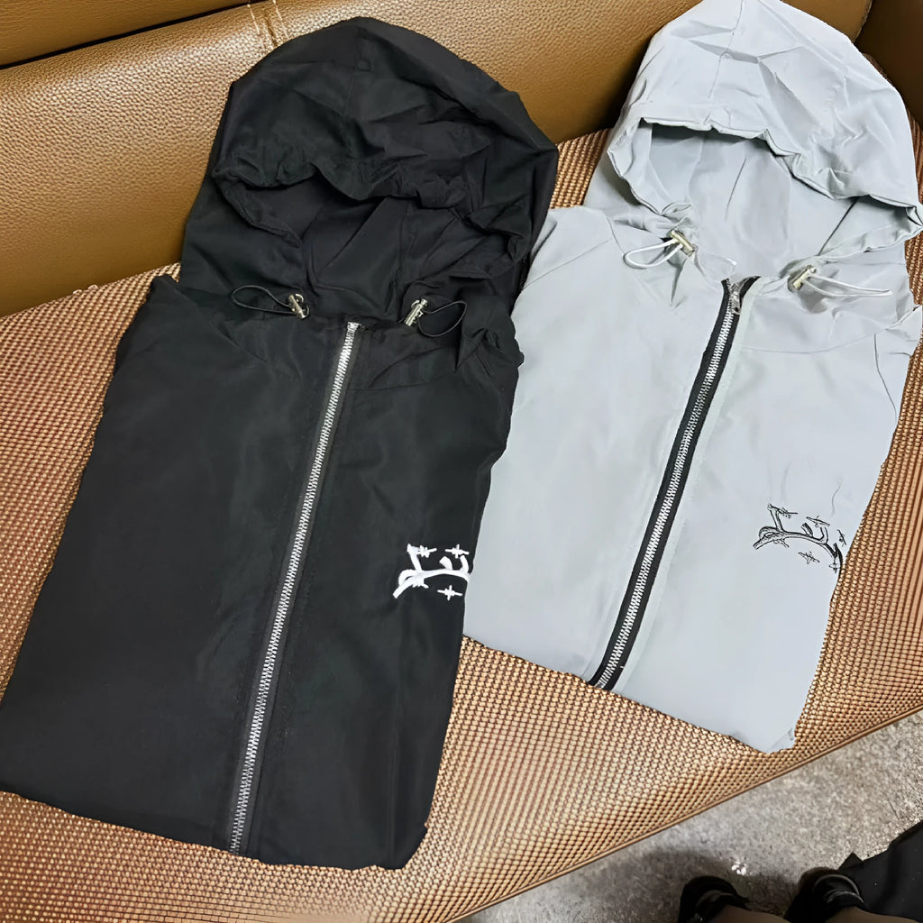 Men's grey hooded sunscreen jacket with British style loose fit design for sun protection