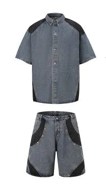 Retro washed denim short-sleeved jacket and full-length trousers suit set in black or blue