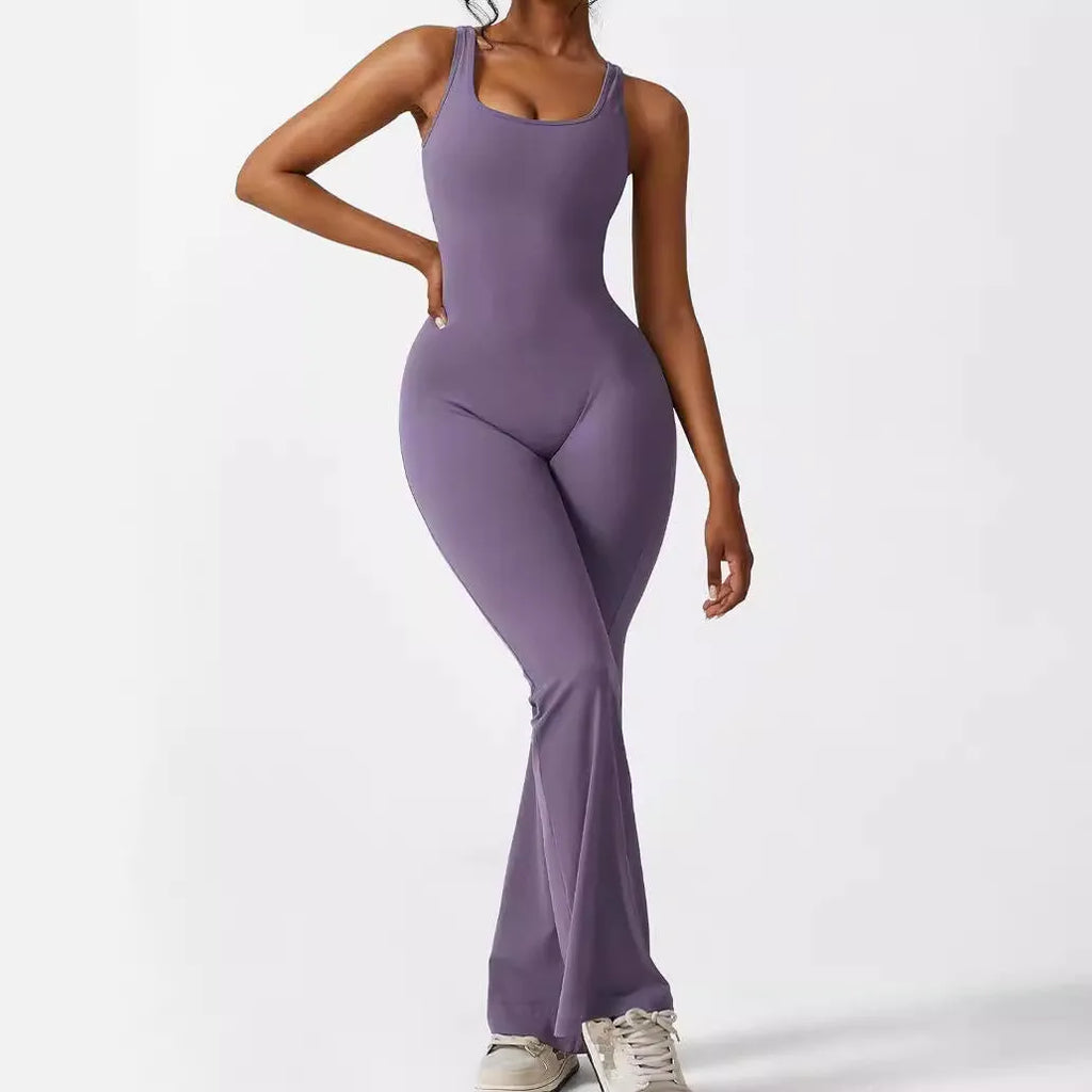 Women's sleeveless flare jumpsuit long pants in Army Green colour for yoga fitness.