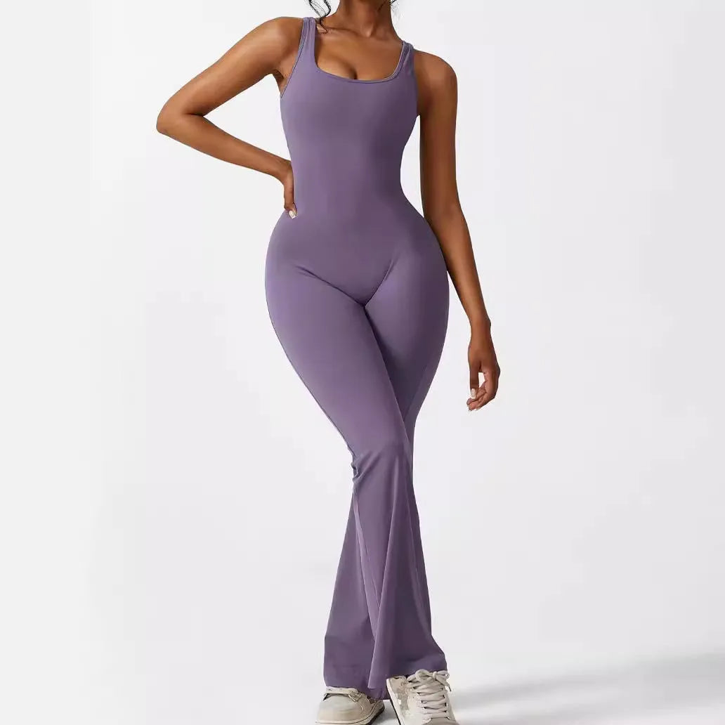 Women's sleeveless flare jumpsuit long pants in Army Green colour for yoga fitness.