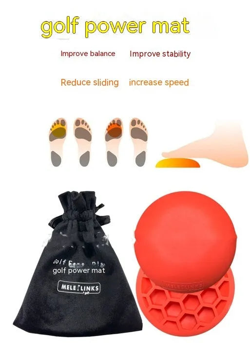Orange-red golf strength training mat with centre of gravity markings on natural rubber surface
