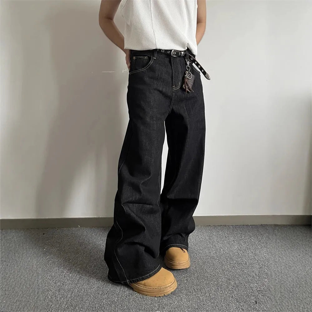 Black retro loose wide-leg jeans with straight-leg style and mid waist design