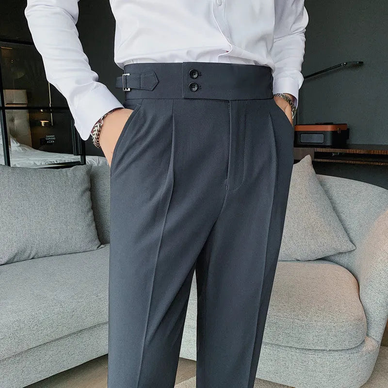 Straight-leg solid colour casual trousers in polyester on a size chart showing waist sizes 29 to 36.